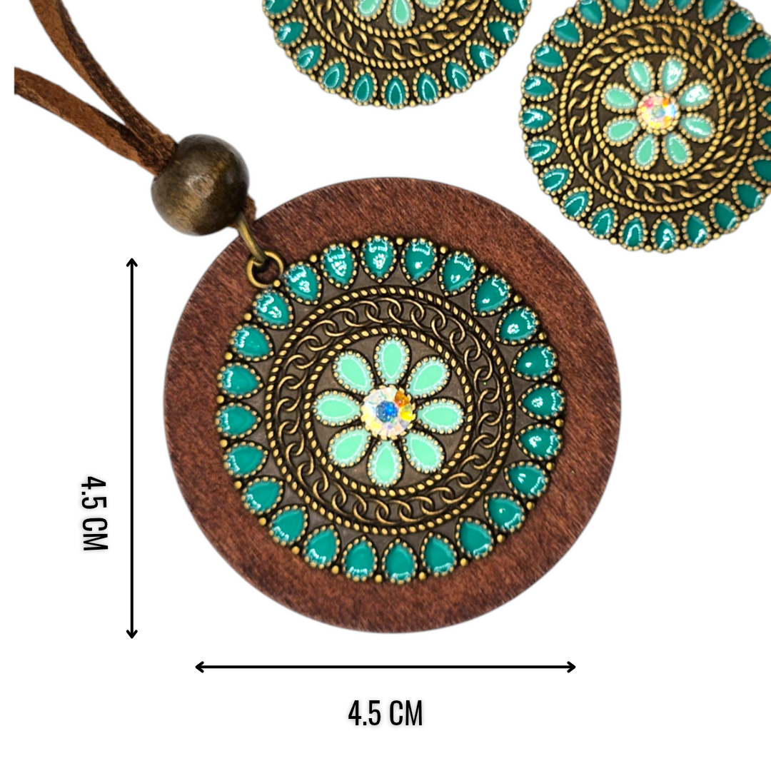 Ancient Wooden Round Flower Necklace & Earrings Set